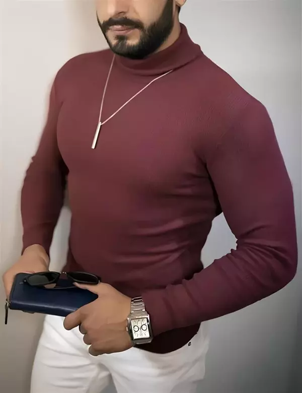 Erkek Kaşkorse Boğazlı Full Likralı Fitilli Body Kazak - Bordo - Image 1