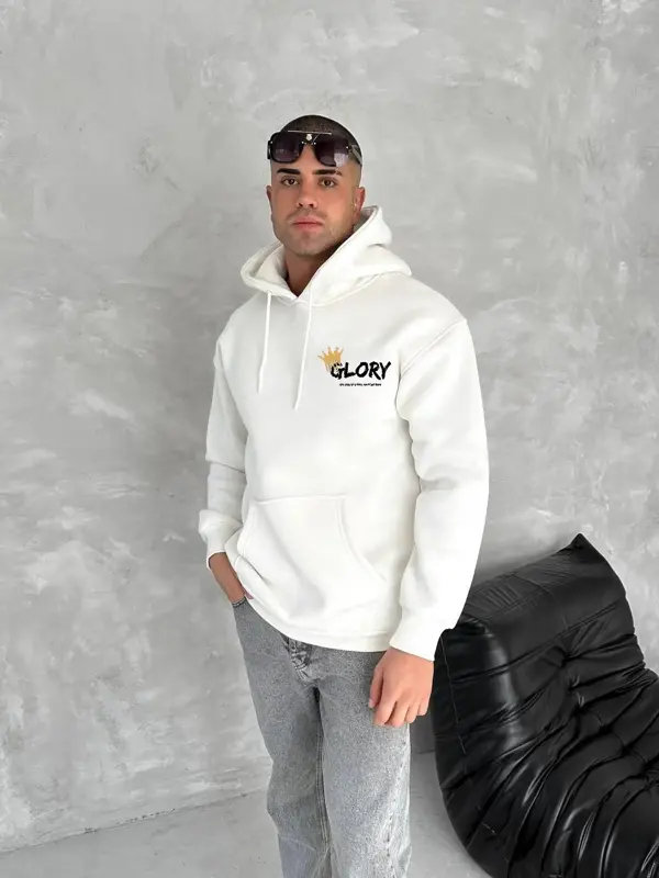 Kışlık Üç İplik Kapüşonlu SweatShirt - Beyaz - Image 1
