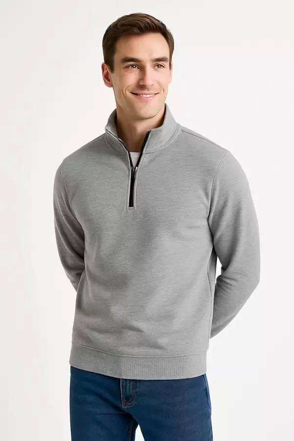 Erkek Dik Yaka Sweatshirt Dik Yaka Yarım Fermuarlı 3 İplik Şardonlu Pamuk Kumaş - Gri - Image 1