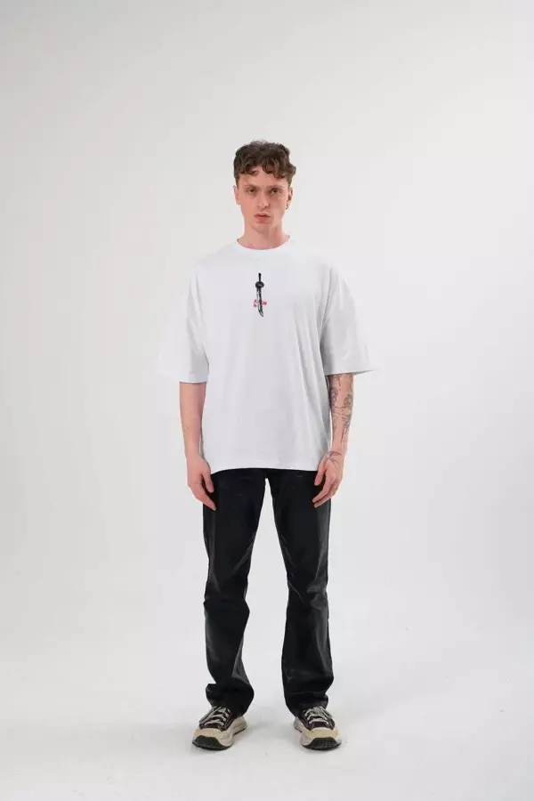 Unisex Bisiklet Yaka Baskılı Oversize T-Shirt - Beyaz - Image 1
