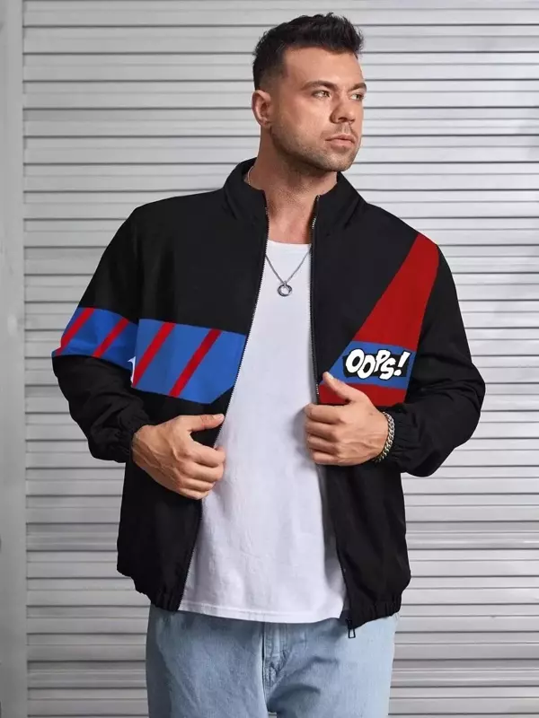Unisex Uzun Koll Fermuarlı Baskılı Rüzgarlik - Siyah - Image 1