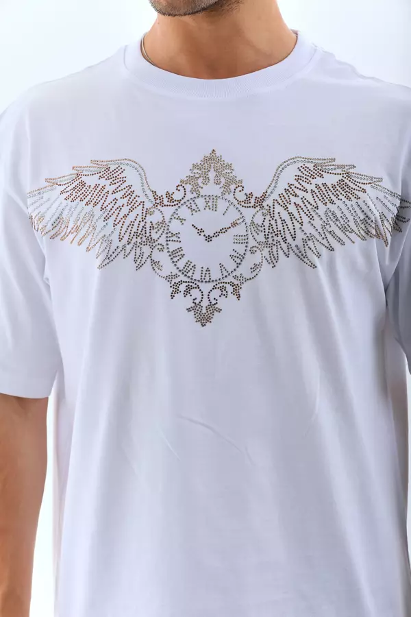 Unisex Oversize Taşlı Bisiklet Yaka T-Shirt - Beyaz - Image 1