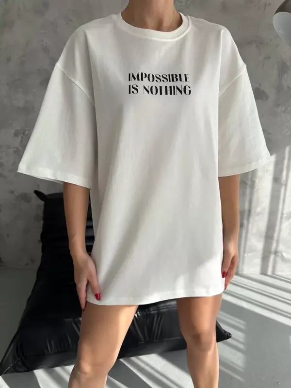 Unisex Bisiklet Yaka Baskılı Oversize T-Shirt - Beyaz - Image 1