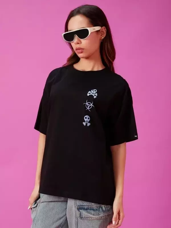 Kadın Baskılı Oversize T-shirt - Siyah - Image 1