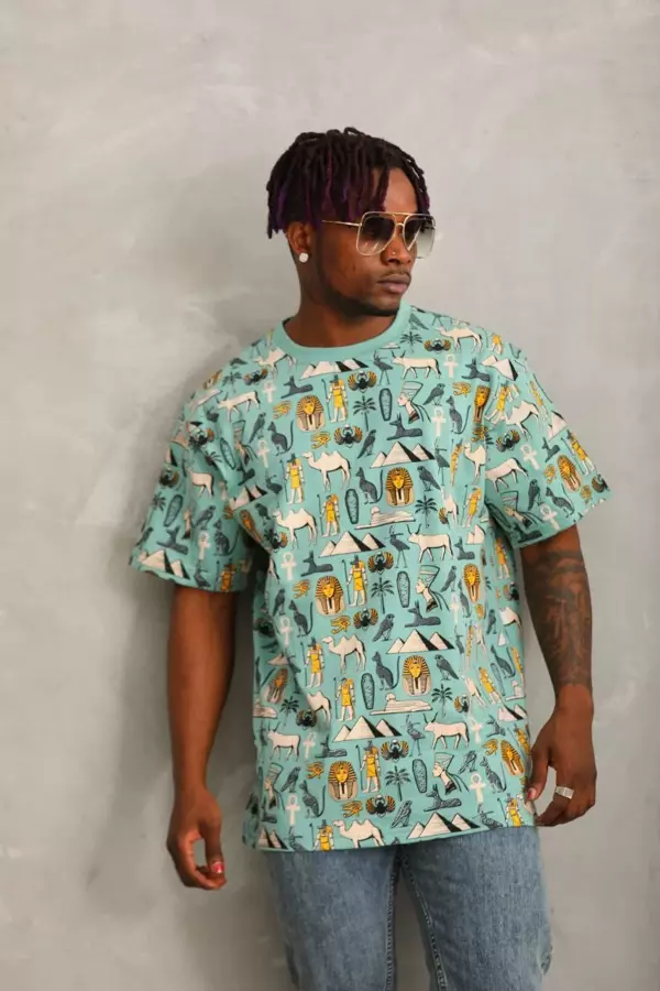 Unisex Oversize Baskılı Bisiklet Yaka T-Shirt - Mint Yeşili - Image 1