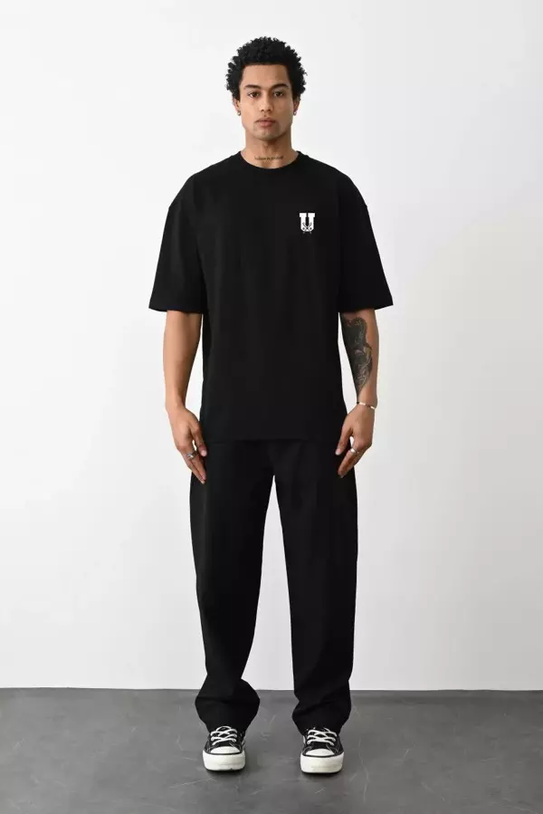 Unisex Bisiklet Yaka Baskılı Oversize T-Shirt - Siyah - Image 1