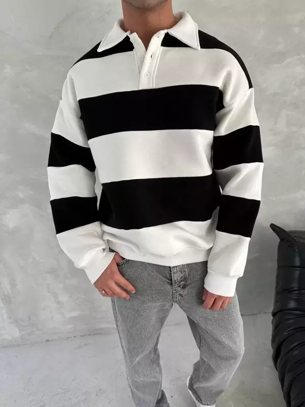 Unisex Üç İplik Parçalı Yakalı SweatShirt - Siyah - Image 1