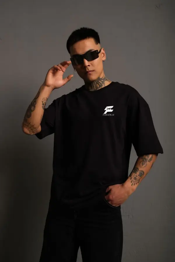 Unisex Bisiklet Yaka Baskılı Oversize T-Shirt - Siyah - Image 1