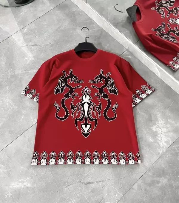 Unisex Bisiklet Yaka Baskılı Oversize T-Shirt - Kırmızı - Image 1