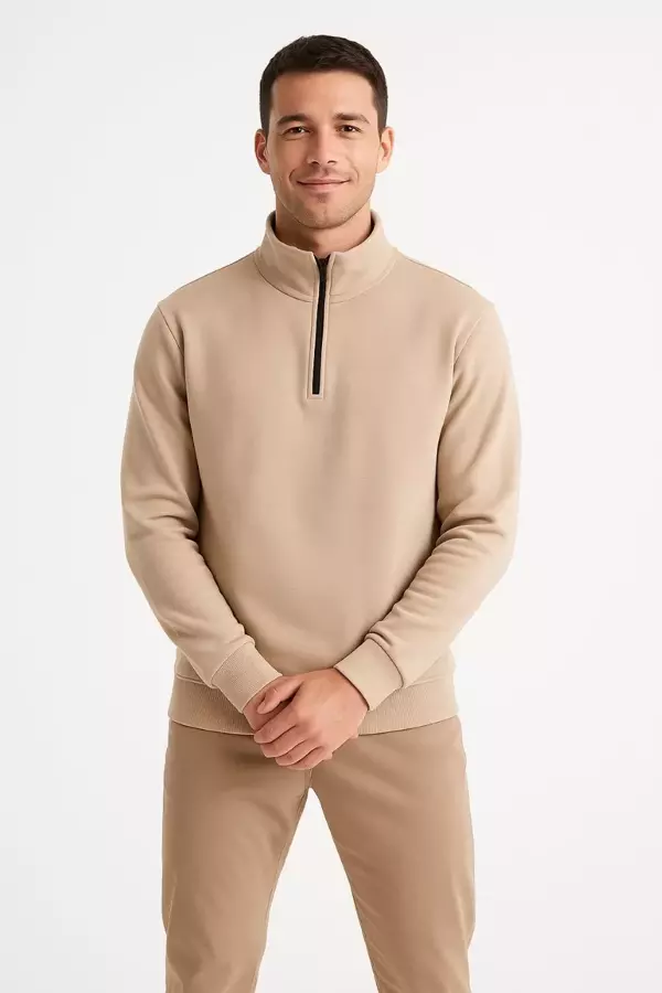 Erkek Dik Yaka Sweatshirt Dik Yaka Yarım Fermuarlı 3 İplik Şardonlu Pamuk Kumaş - Bej - Image 1