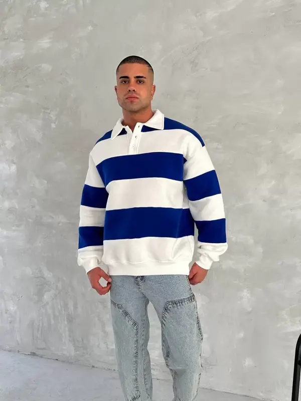 Unisex Üç İplik Parçalı Yakalı SweatShirt - Mavi - Image 1