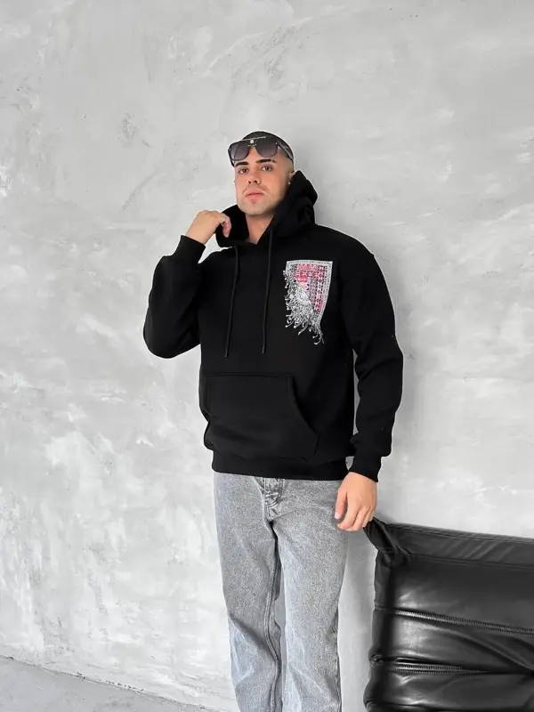 Uzun Kol Kapüşonlu Ön Ve Arka Baskılı SweatShirt - Siyah - Image 1