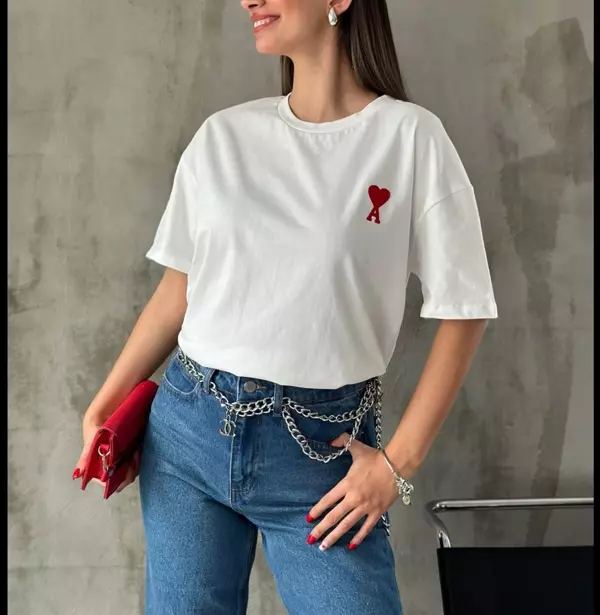 Unisex Bisiklet Yaka Baskılı Oversize T-Shirt - Beyaz - Image 1