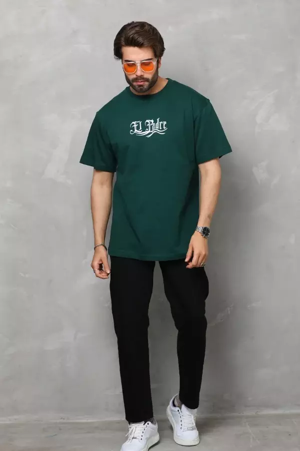 Unisex Bisiklet Yaka Baskılı Oversize T-Shirt - Yeşil - Image 1