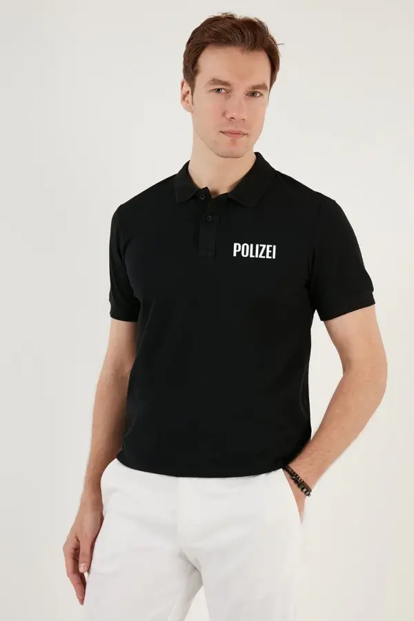 Yakası Düğmeli Yakalı Pike Baskılı T-Shirt - Siyah - Image 1
