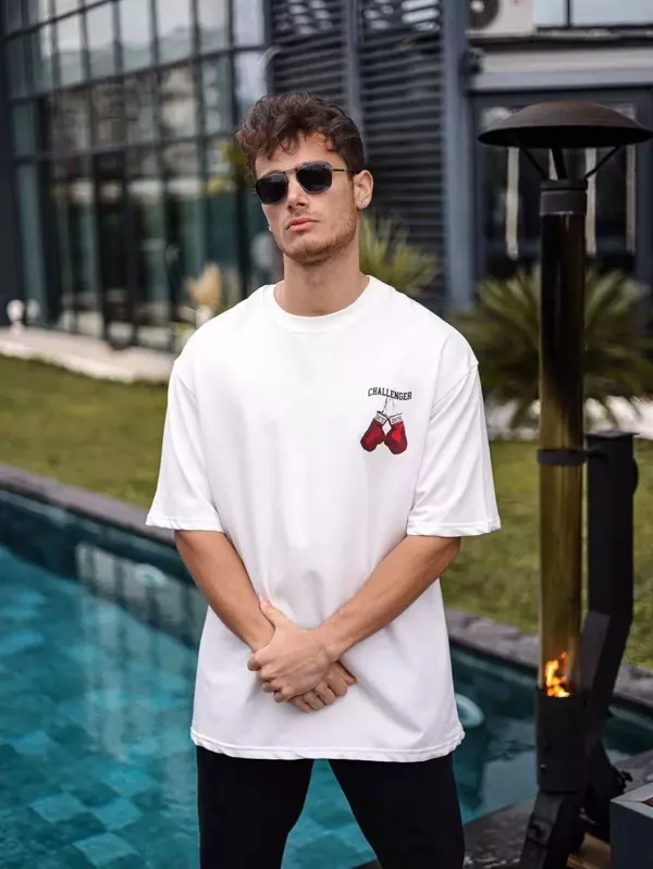 Unisex Bisiklet Yaka Baskılı Oversize T-Shirt - Beyaz - Image 1