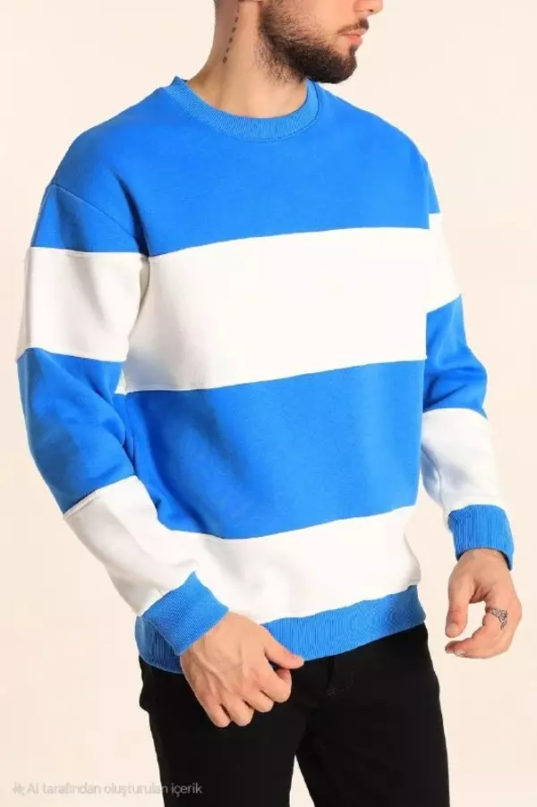 Parçalı Bisiklet Yaka Baskılı SweatShirt - Mavi - Image 1