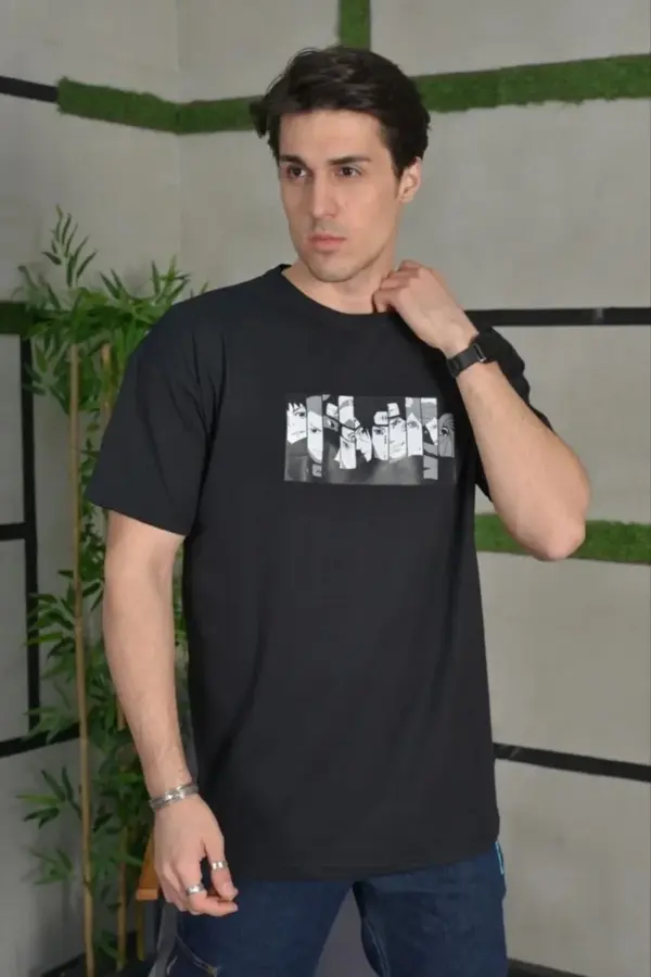 Unisex Bisiklet Yaka Baskılı Oversize T-Shirt - Siyah - Image 1