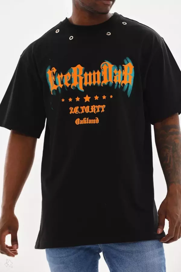 Unisex Kuşgözü Detaylı Baskılı Oversize T-Shirt - Siyah - Image 1