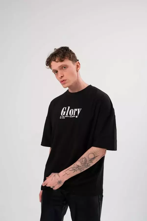Unisex Bisiklet Yaka Baskılı Oversize T-Shirt - Siyah - Image 1