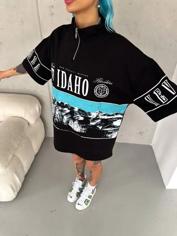 Unisex Baskılı Yarım Fermuarlı T-Shirt - Siyah - Image 1