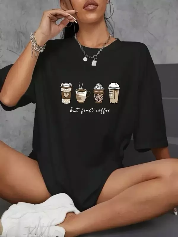 20/1 Penye Compack Baskılı Oversize Kahve Desenli Kadın Kısa Kol Yazlık T-shirt - Siyah - Image 1