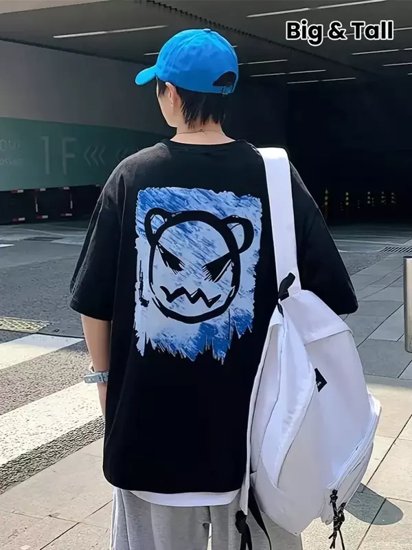 20/1 Penye Compack Bisiklet Yaka Kore tarzı sevimli ayı baskı Kısa Kol Erkek t-shirt - Siyah - Image 1