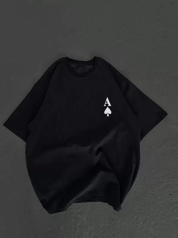 Unisex Bisiklet Yaka Baskılı Oversize T-Shirt - Siyah - Image 1