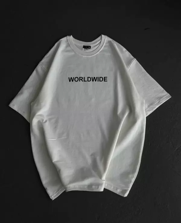 Unisex Bisiklet Yaka Baskılı Oversize T-Shirt - Beyaz - Image 1