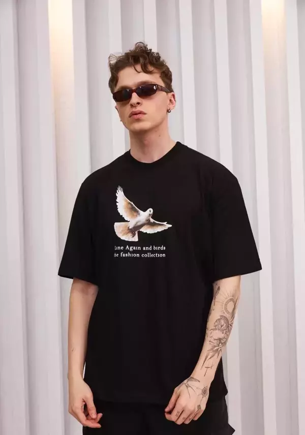 Unisex Bisiklet Yaka Baskılı Oversize T-Shirt - Siyah - Image 1