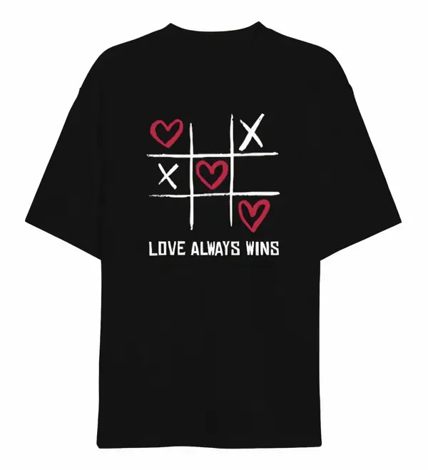 Sevgililer Günü İçin Özel Tasarım Love Always Wıns Baskılı T-shirt - Siyah - Image 1