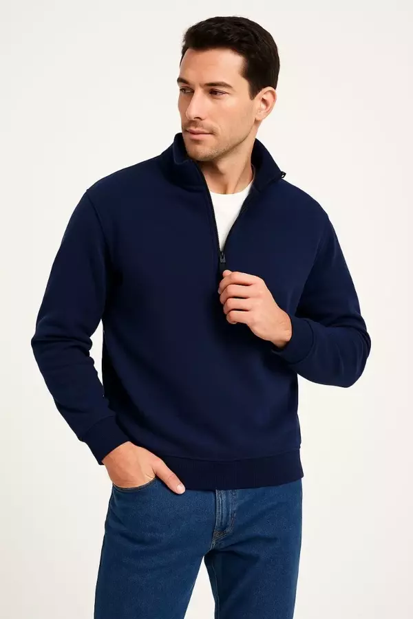 Erkek Dik Yaka Sweatshirt Dik Yaka Yarım Fermuarlı 3 İplik Şardonlu Pamuk Kumaş - Lacivert - Image 1