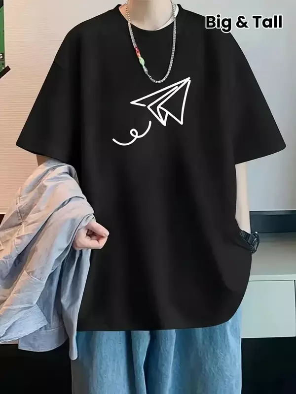 20/1 Penye Compack Uçak Baskılı Oversize Bisiklet Yaka Kısa Kol T-shirt - Siyah - Image 1