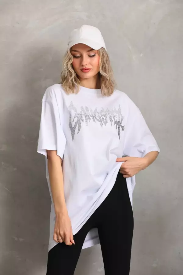 Unisex Taş Desenli Oversize T-Shirt - Beyaz - Image 1