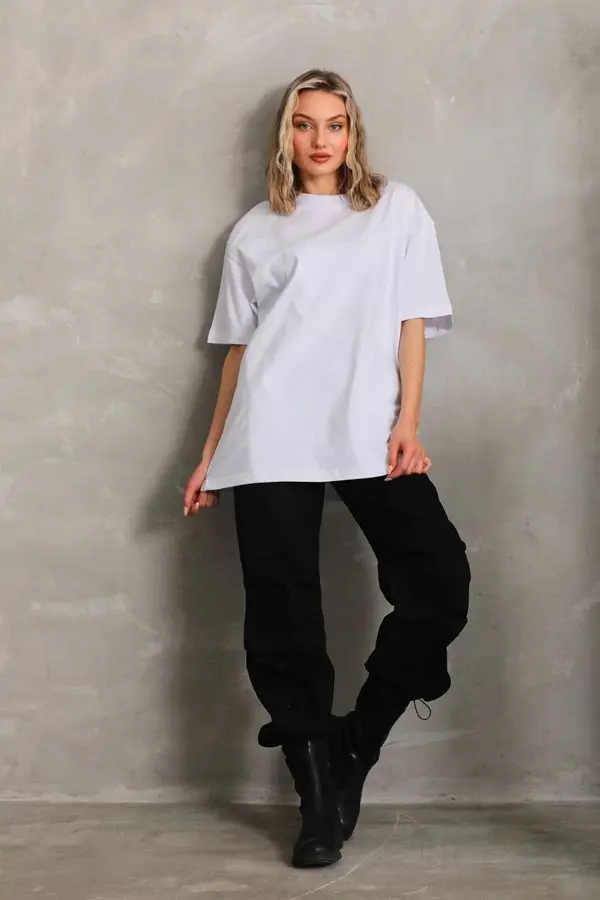 Unisex Bisiklet Yaka 20/1 Düz Oversize T-Shirt - Beyaz - Image 1
