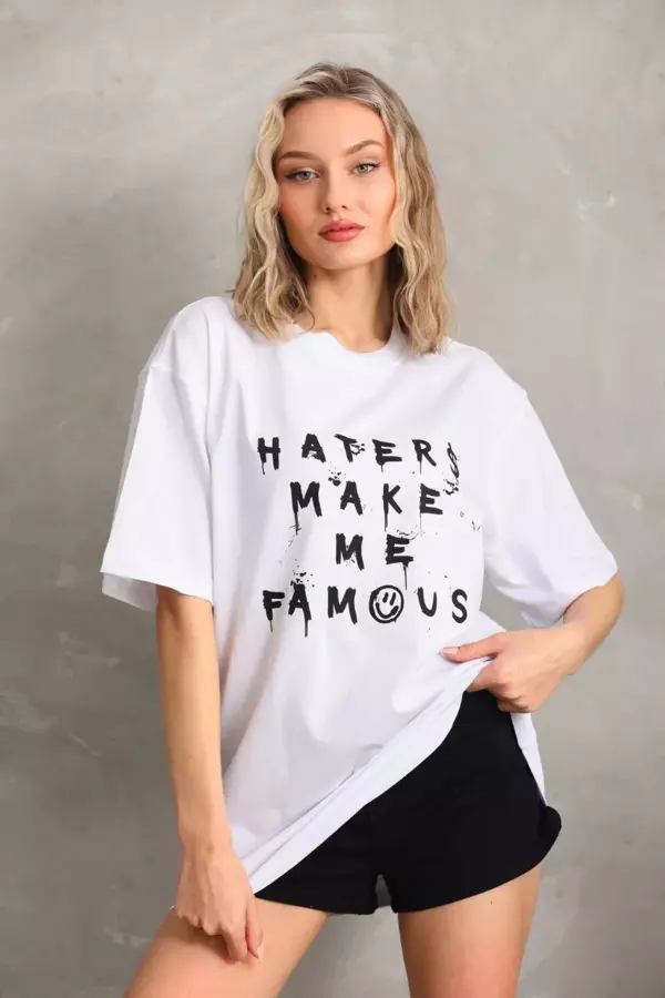 Unisex Baskılı Oversize T-Shirt - Beyaz - Image 1