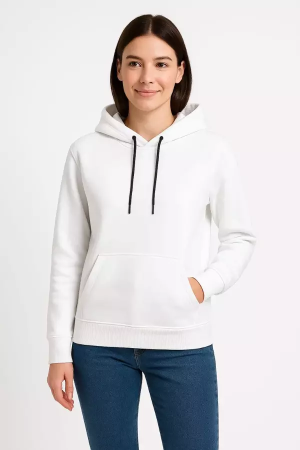 Kadın Üç İplik Kapüşonlu Kanguru Çepli SweatShirt hoodie - Beyaz - Image 1