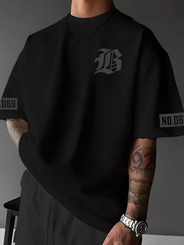 LB Ön Arka Baskılı Oversize Bisiklet Yaka Yazlık T-shirt - Siyah - Image 1