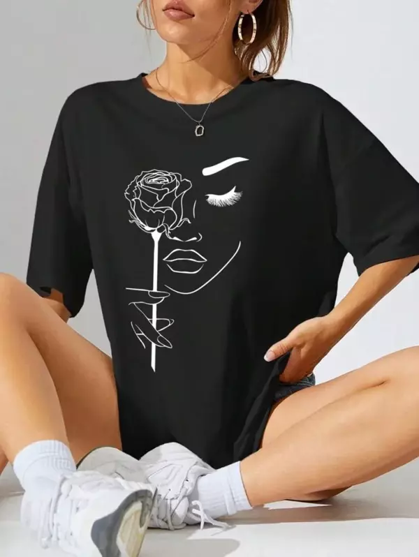 Kadın Baskılı Oversize T-shirt - Siyah - Image 1
