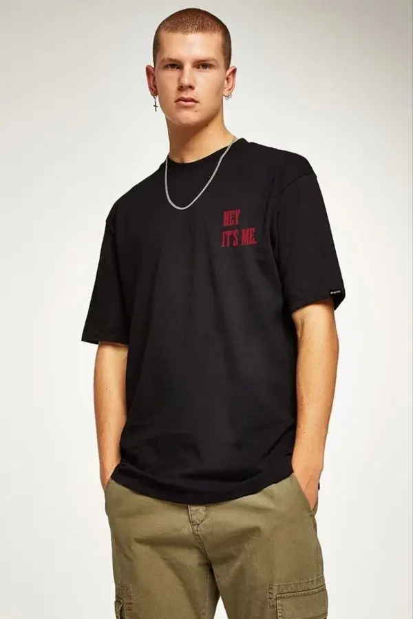 Unisex Bisiklet Yaka Oversize Baskılı T-Shirt - Siyah - Image 1