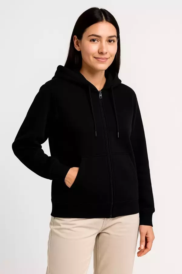 Kadın Üç İplik Kapüşonlu Tam Fermuarlı Kanguru Çepli SweatShirt Hoodie - Siyah - Image 1