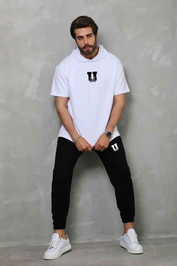 Unisex Kapşonlu Oversize T-Shirt Takım - Beyaz - Image 1