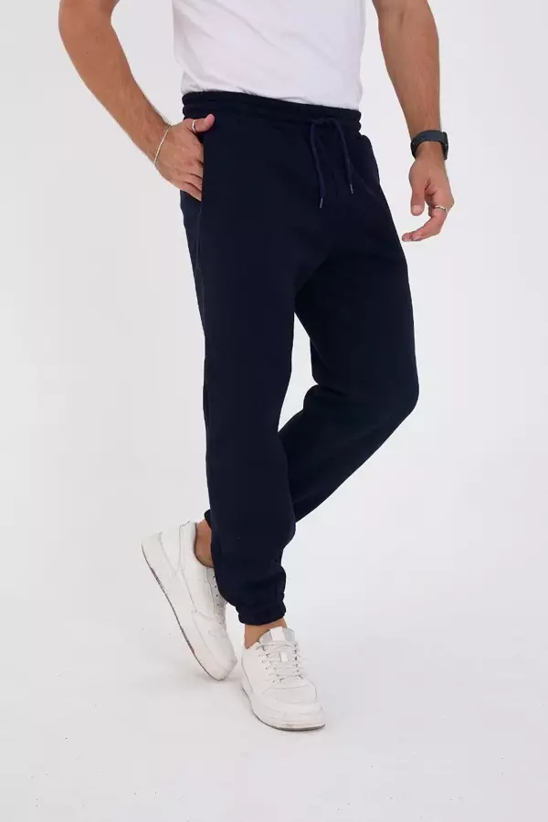 Unisex Kışlık Üç İplik Lastikli Eşofman Pantolon - Lacivert - Image 1