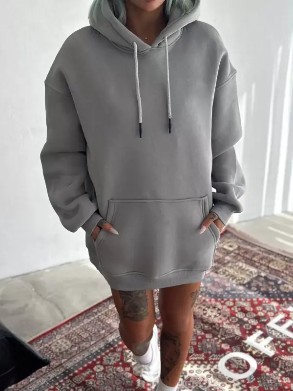 Kapüşonlu Üç İplik Penye Basic SweatShirt - Boyalı Gri - Image 1