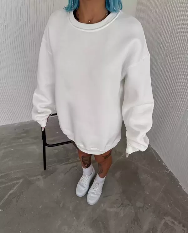 Kışlık Bisiklet Yaka Üç İplik Basic SweatShirt - Beyaz - Image 1