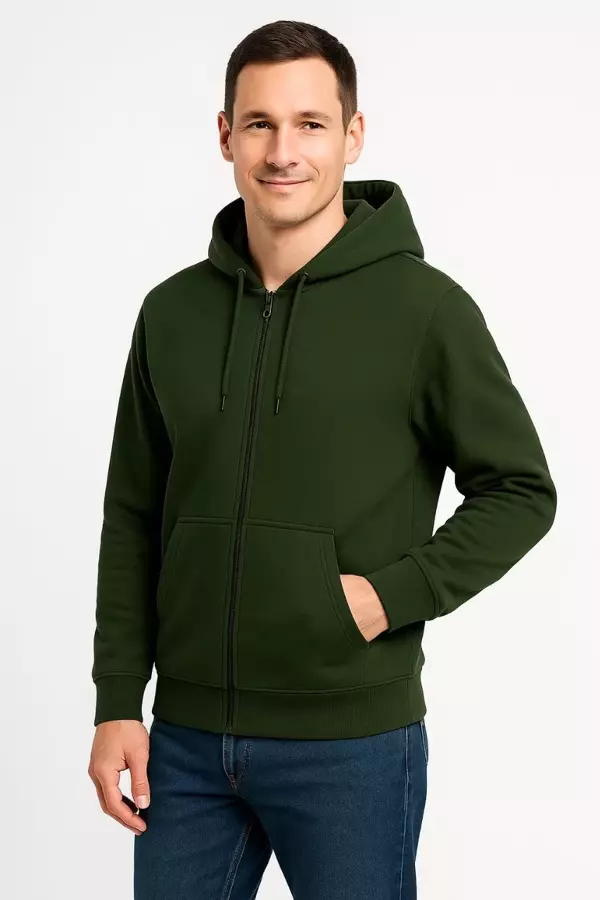 Erkek Üç İplik Kapüşonlu Tam Fermuarlı Kanguru Cepli Sweatshirt Hoodie - Haki - Image 1