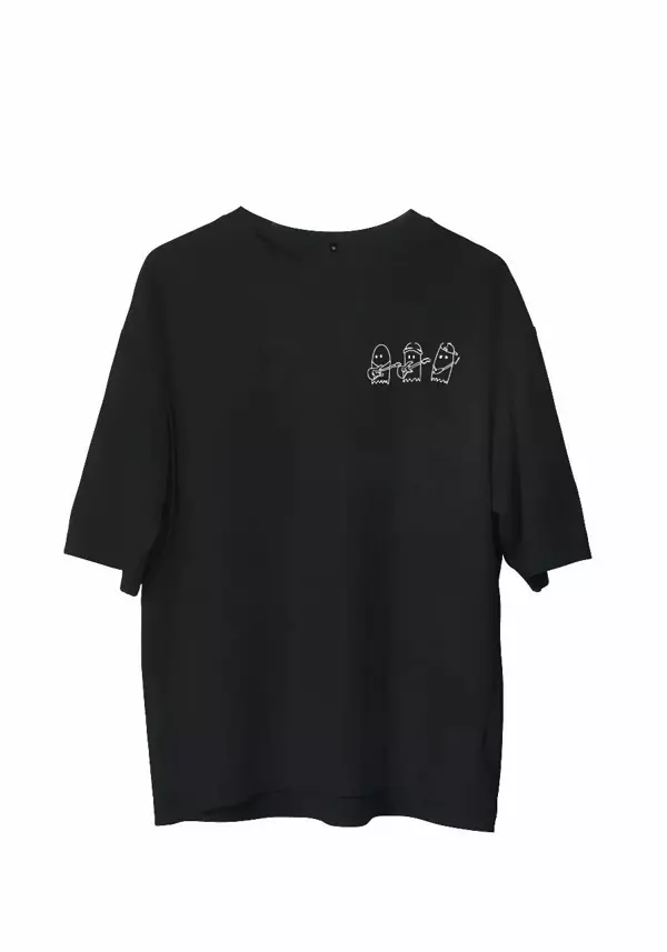 Unisex Bisiklet Yaka Baskılı Oversize T-Shirt - Siyah - Image 1
