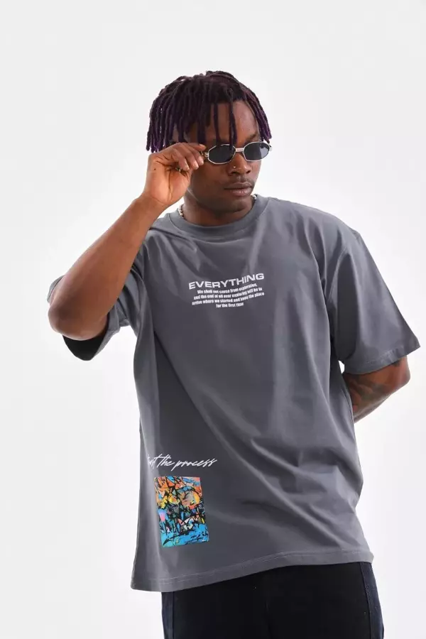 Unisex Bisiklet Yaka Baskılı Oversize T-Shirt - Gri - Image 1