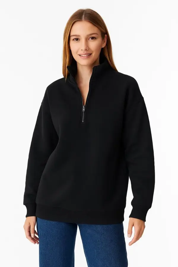 Kadın Üç İplik Dık Yaka Yarım Fermuarlı SweatShirt - Siyah - Image 1