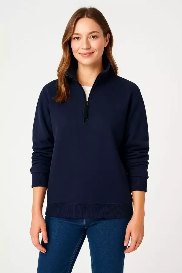 Kadın Üç İplik Dık Yaka Yarım Fermuarlı SweatShirt - Lacivert - Image 1